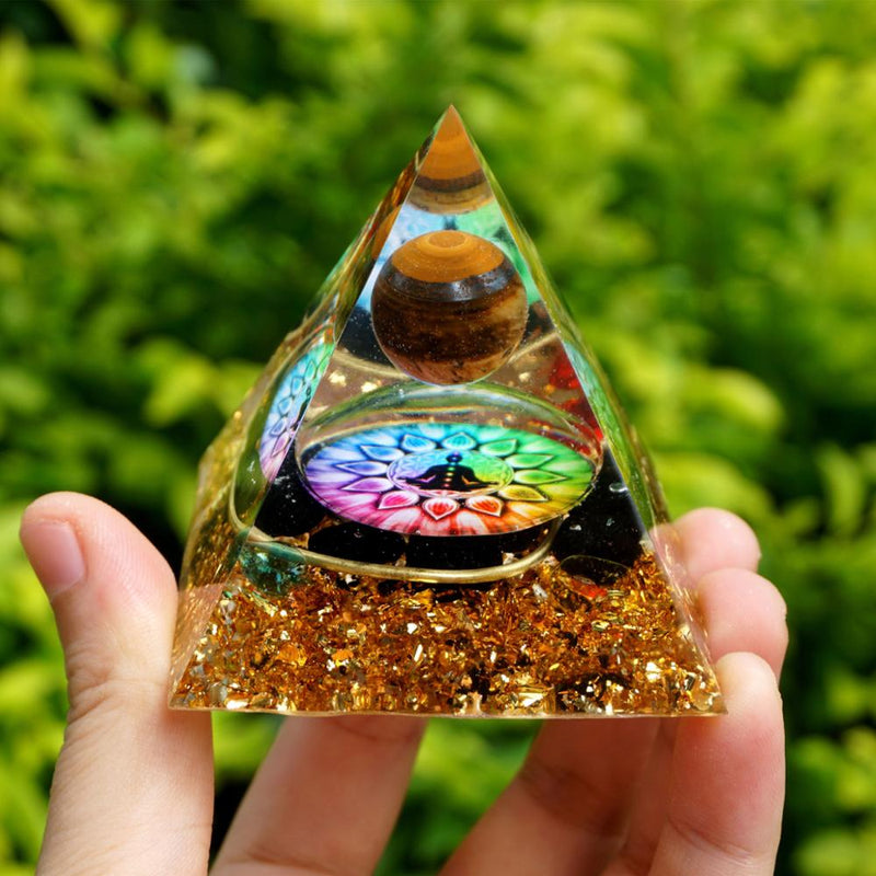 Handmade Tiger Eye Crystal Sphere Orgone Pyramid