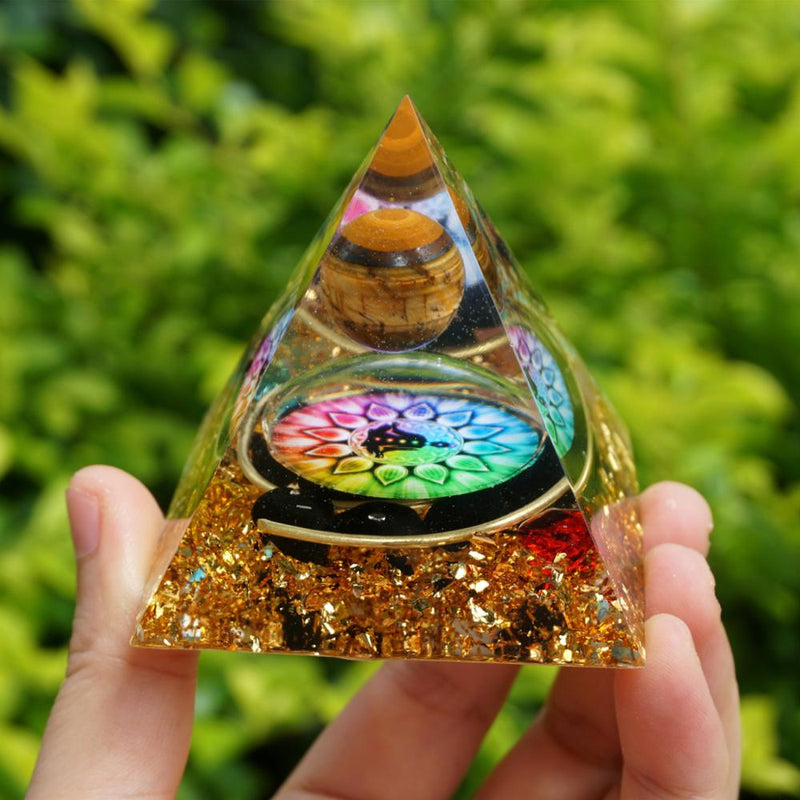 Handmade Tiger Eye Crystal Sphere Orgone Pyramid