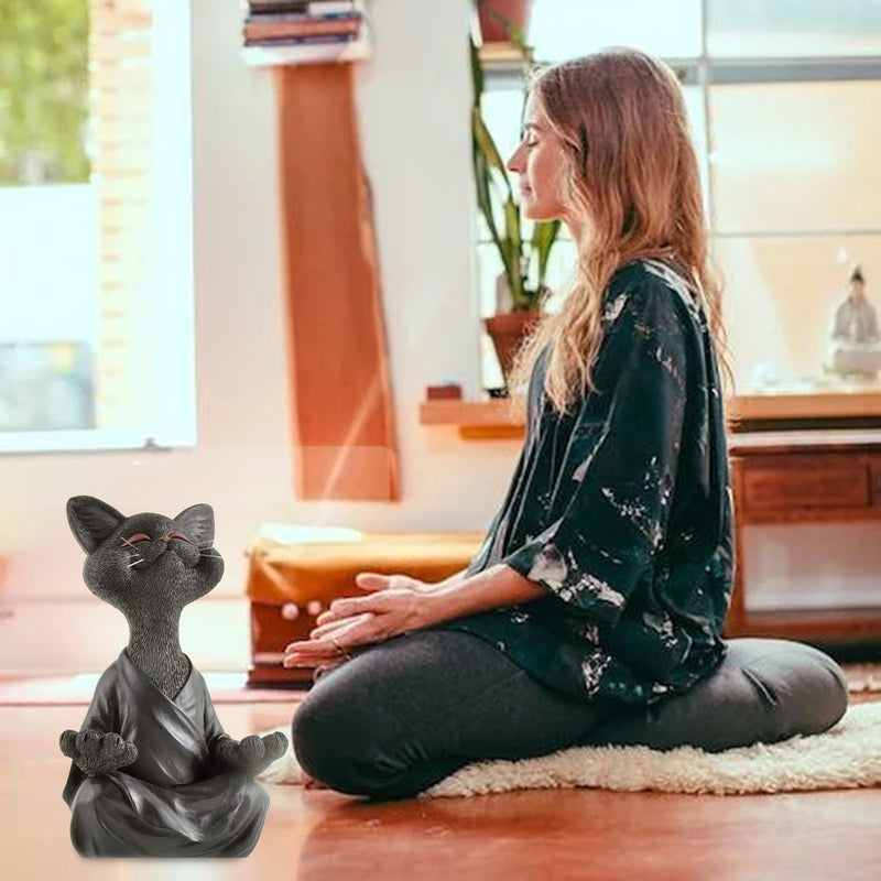 Whimsical Black Buddha Cat Figurine Meditation Yoga