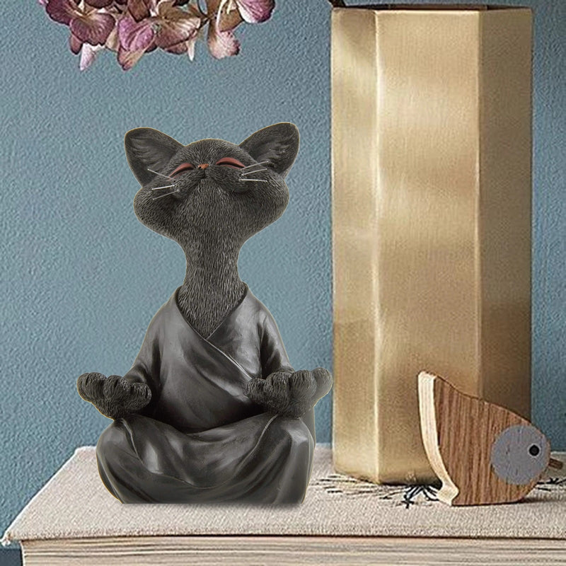 Whimsical Black Buddha Cat Figurine Meditation Yoga